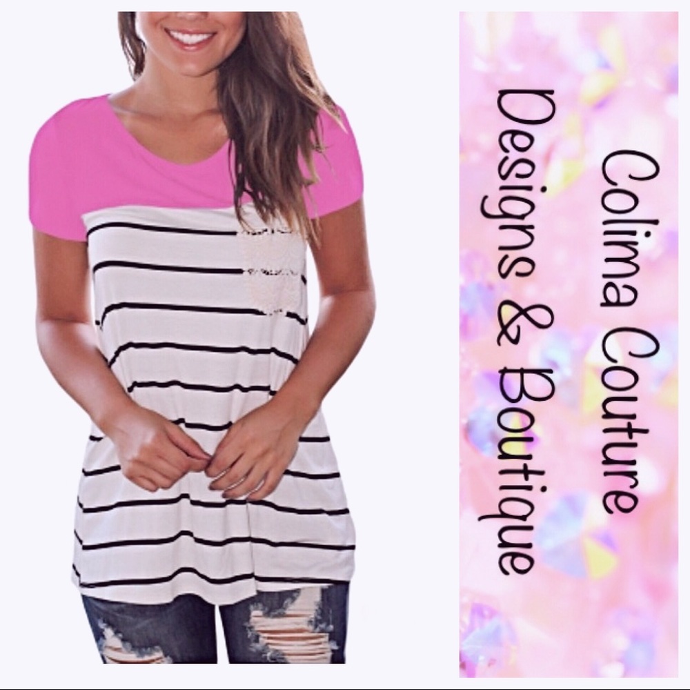 Sale❗️Pink striped crochet pocket tee